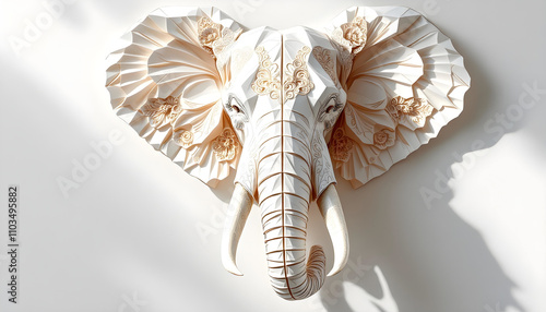 Intricately designed elephant head crafted in a kirigami 3D art style and isolated white background photo