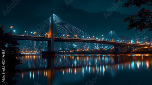 A glowing urban landmark bridge connecting two brightly lit parts of the city at night