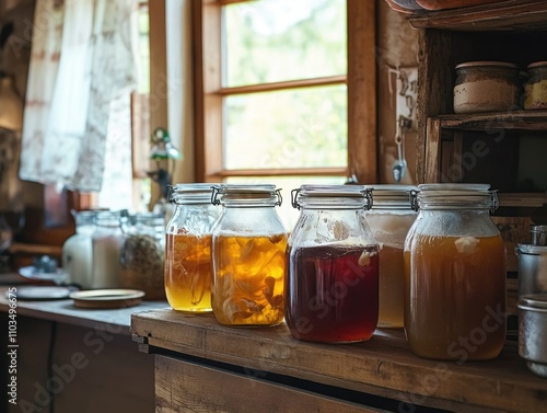 Variety of homemade jams and jellies on counter. photo