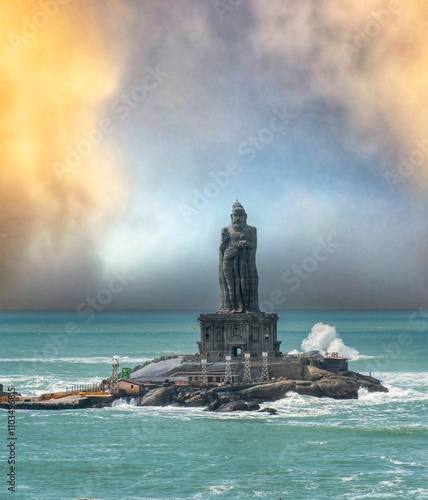 beautiful image of famous Thiruvallur standing statue found inside the ocean at Kanyakumari, Tamil nadu.
