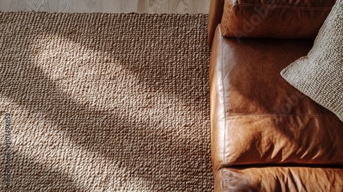 Rustic Living Room with Leather Sofa and Woven Rug photo