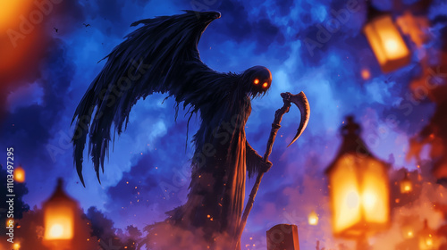 A towering, winged reaper stands at the edge of a desolate graveyard, its black, tattered wings spread wide against the stormy sky. The air is thick with mist, and the eerie glow o photo