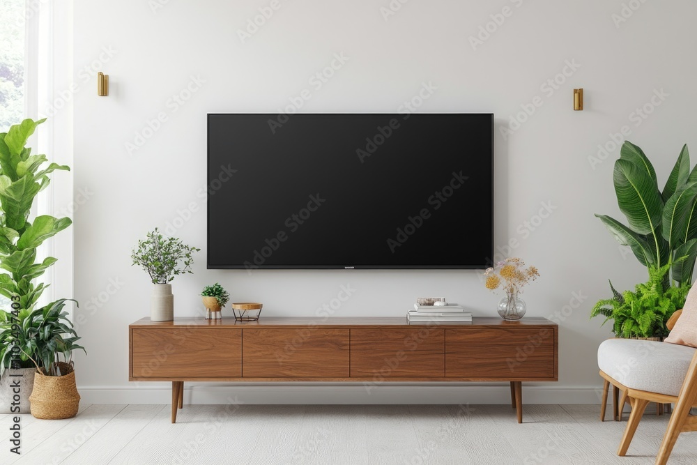 Clean, modern living room with minimalist decor featuring a large flat-screen TV wall mounted on beige walls, wooden shelving unit, indoor plants for a touch of greenery and cozy atmosphere. Clean, modern living room with minimalist decor featuring a large flat-screen TV wall mounted on beige walls, wooden shelving unit, indoor plants for a touch of greenery and cozy atmosphere.