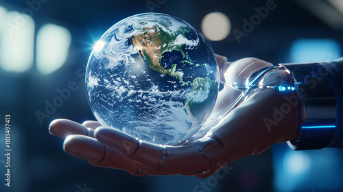 A futuristic mechanical hand carefully cradles a crystal-clear globe that showcases Earth, with intricate lines of latitude and longitude tracing across its surface. The handâs pre photo