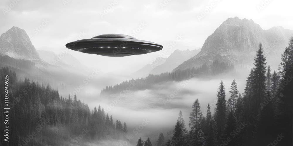 Mysterious extraterrestrial spaceship in a foggy forest setting. Mysterious extraterrestrial spaceship in a foggy forest setting.