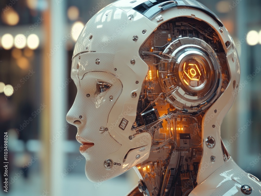 A cutting-edge robotic head with complex mechanisms and a human-like face. Designed for advanced AI interactions, the head represents the future of artificial intelligence integration with humans. A cutting-edge robotic head with complex mechanisms and a human-like face. Designed for advanced AI interactions, the head represents the future of artificial intelligence integration with humans.