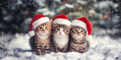 Three cute little cats wearing santa hat outdoor while snowing.