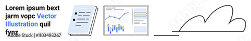 documents, data analysis chart, upward graph, cloud storage symbol, textual placeholder. Ideal for data analysis, business reports, digital storage, business presentations, infographics, education