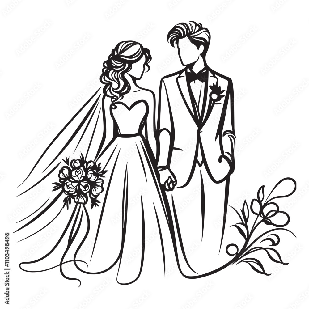 custom made wallpaper toronto digitalOne continuous single drawing black line art doodle of wedding couple bride and groom standing side by side, holding hands, illustration on white background