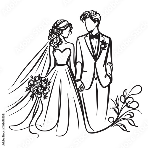 One continuous single drawing black line art doodle of wedding couple bride and groom standing side by side, holding hands, illustration on white background