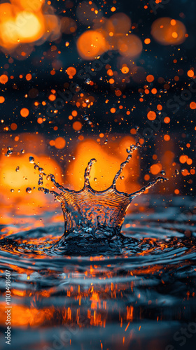 Water splash with vibrant orange bokeh background