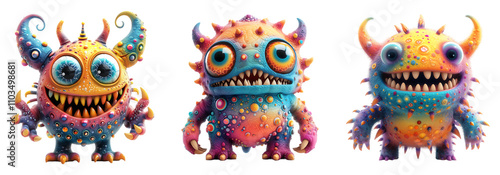 3D Cartoon Monster Characters with Big Eyes and Sharp Teeth transparent png