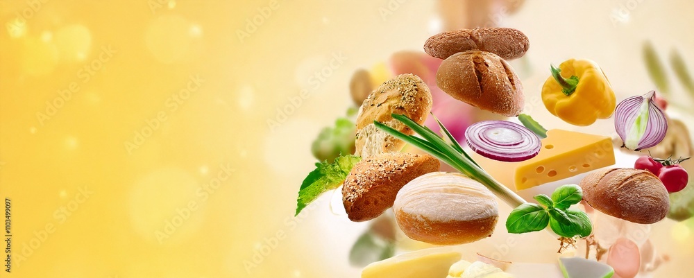 Food ingredients illustration, bread and vegetables background Food ingredients illustration, bread and vegetables background