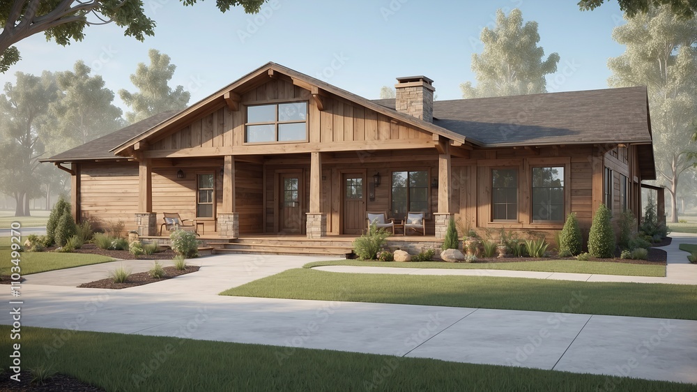 Ranch-style House with Wood Siding and a Large Front Porch made with generative ai
Ranch-style House with Wood Siding and a Large Front Porch made with generative ai