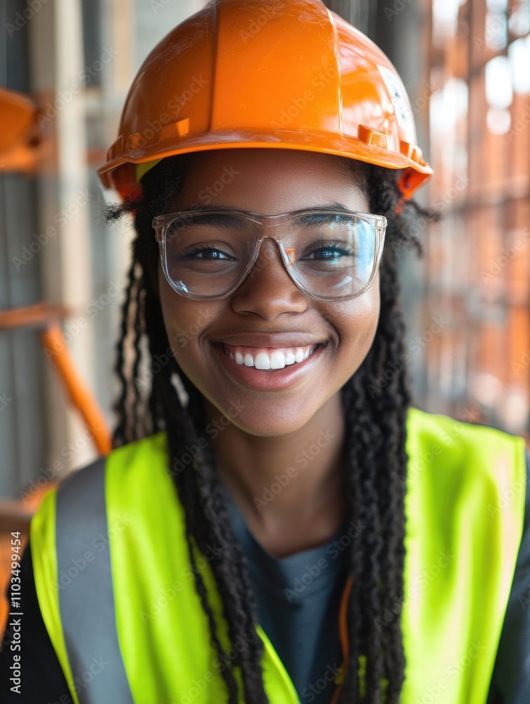 Woman wearing a yellow vest and an orange hard hat is smiling. She is wearing safety glasses and is wearing a yellow vest Woman wearing a yellow vest and an orange hard hat is smiling. She is wearing safety glasses and is wearing a yellow vest