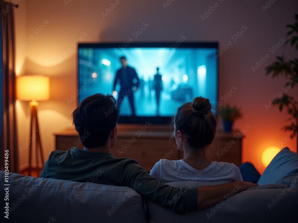 Cozy Evening at Home as a Couple Enjoys a Movie Together in a Softly Lit Living Room Cozy Evening at Home as a Couple Enjoys a Movie Together in a Softly Lit Living Room