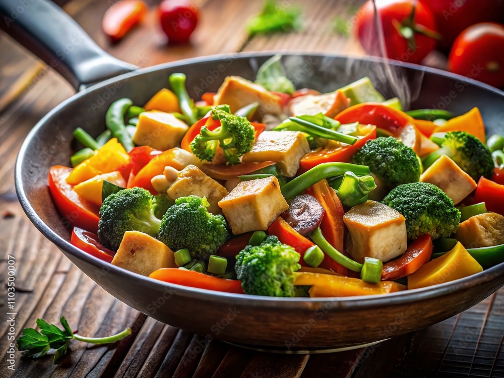 Colorful Vegetarian Wok Stir Fry Close-Up with Fresh Vegetables and Tofu in a Sizzling Pan, Perfectly Arranged for a Delicious and Healthy Meal Presentation Colorful Vegetarian Wok Stir Fry Close-Up with Fresh Vegetables and Tofu in a Sizzling Pan, Perfectly Arranged for a Delicious and Healthy Meal Presentation