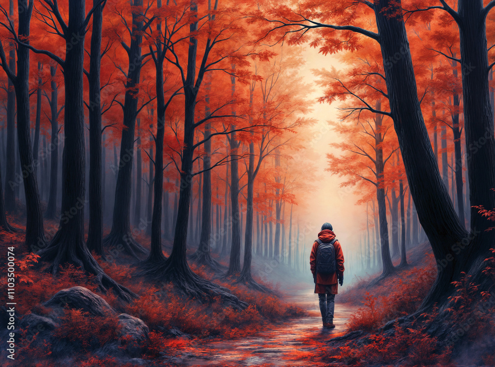Fototapeta premium a traveler walks through an autumn forest . Generative AI