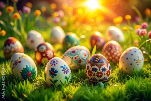 Colorful Watercolor Clipart of Rabbit Eggs on Lush Green Grass, Perfect for Spring Celebrations and Easter Themes, Showcasing Artistic Flair with Vibrant Hues and Nature’s Beauty
