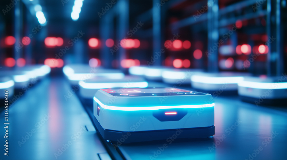 An industrial logistics center featuring a fleet of intelligent robots moving seamlessly through a well-organized storage system. The robotsâ sleek design and illuminated controls An industrial logistics center featuring a fleet of intelligent robots moving seamlessly through a well-organized storage system. The robotsâ sleek design and illuminated controls