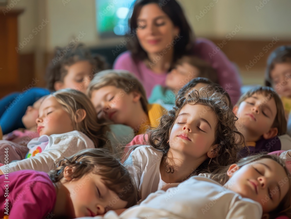 A group children sleeping during storytime, with a gentle teacher watching over them A group children sleeping during storytime, with a gentle teacher watching over them