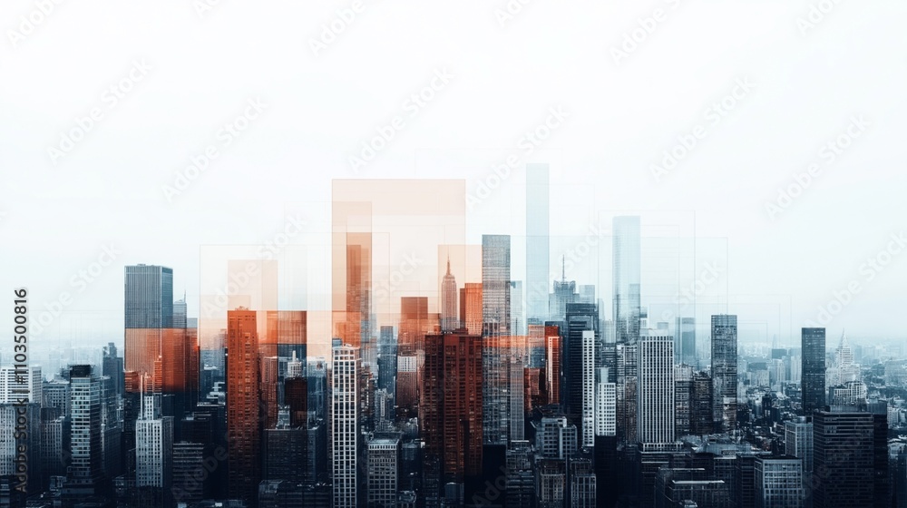 Obraz premium Abstract digital art of a city skyline with overlapping geometric shapes in orange and blue tones creating a modern urban aesthetic on a hazy background.
