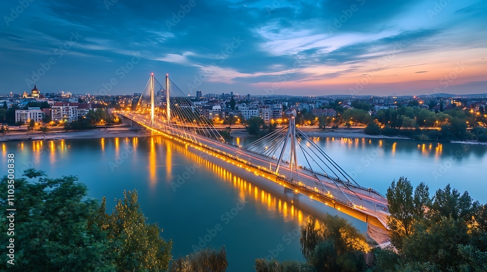A modern suspension bridge illuminated by golden lights spanning across a river at night A modern suspension bridge illuminated by golden lights spanning across a river at night