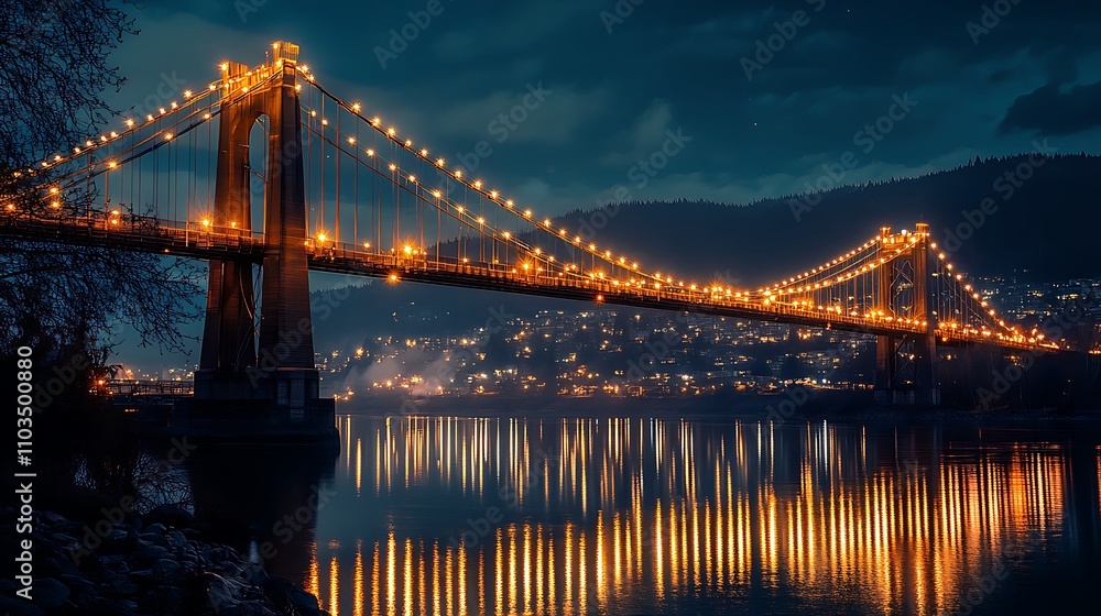 Fototapeta premium A modern suspension bridge illuminated by golden lights spanning across a river at night