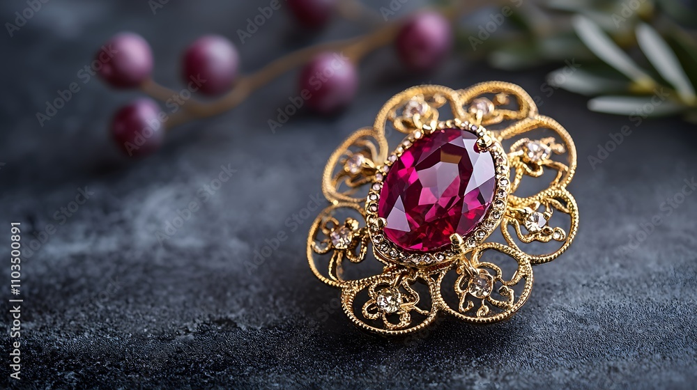 A high-detail image of a ruby brooch with intricate gold details, surrounded by copy space, A high-detail image of a ruby brooch with intricate gold details, surrounded by copy space,