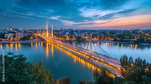 A modern suspension bridge illuminated by golden lights spanning across a river at night
