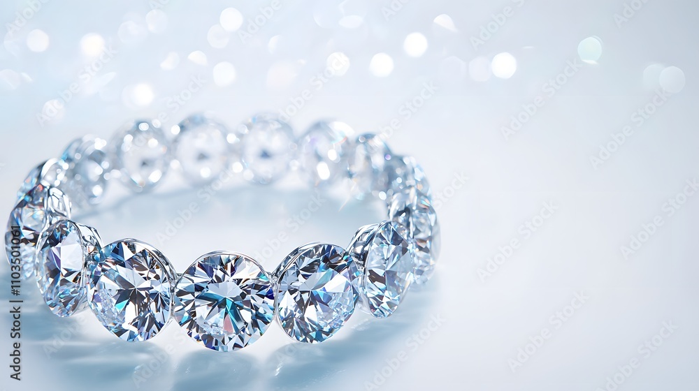 A luxurious diamond bracelet displayed elegantly on a minimalist white surface, with text space,