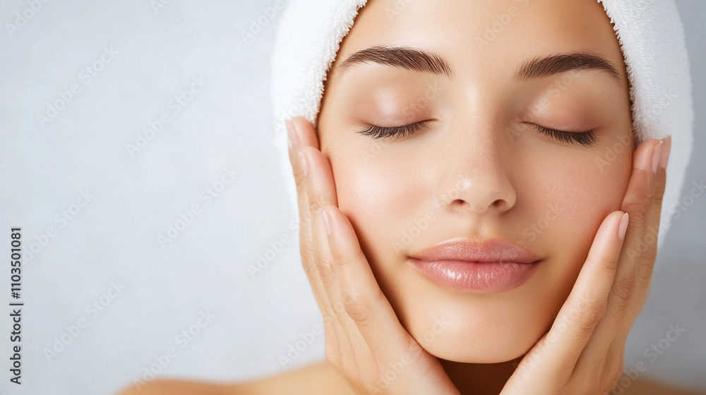 An intimate portrait emphasizing soft, healthy skin as a woman cradles her face with delicate hands. The image captures a sense of relaxation and confidence, ideal for promoting sk An intimate portrait emphasizing soft, healthy skin as a woman cradles her face with delicate hands. The image captures a sense of relaxation and confidence, ideal for promoting sk