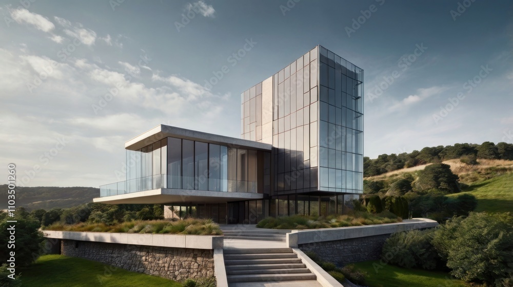 Here's a  and keyword list for your stock photo.. Modern glass house on hillside with steps and landscaping.
