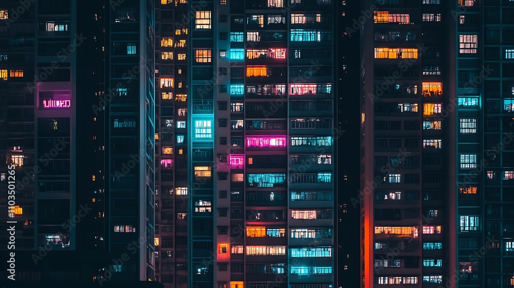 A row of high-rise apartments with lights glowing in different patterns in the windows at night A row of high-rise apartments with lights glowing in different patterns in the windows at night