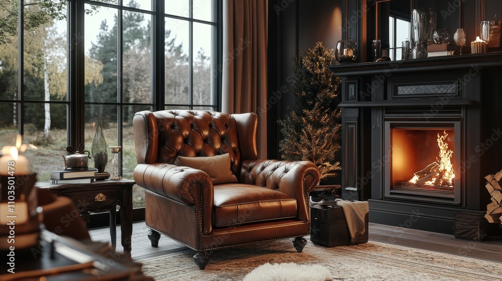 Fototapeta premium Luxury Living Room with Fireplace and Leather Armchair