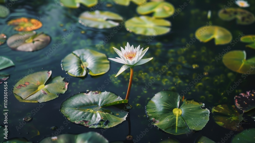 Single white flower is floating in a pond with many lily pads. The pond is calm and peaceful, with the flower standing out as a symbol of beauty and tranquility Single white flower is floating in a pond with many lily pads. The pond is calm and peaceful, with the flower standing out as a symbol of beauty and tranquility