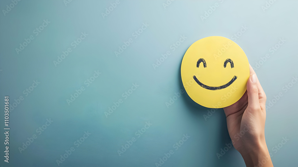 A hand holds a cheerful yellow smiley face against a soft blue background, conveying happiness and positivity. A hand holds a cheerful yellow smiley face against a soft blue background, conveying happiness and positivity.