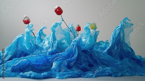 Unique Ocean Representation With Waves Made From Crumpled Plastic Sheets and Buoy-Like Bottle Caps photo