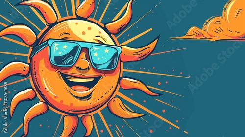 A cartoon sun wearing sunglasses with a big smile.