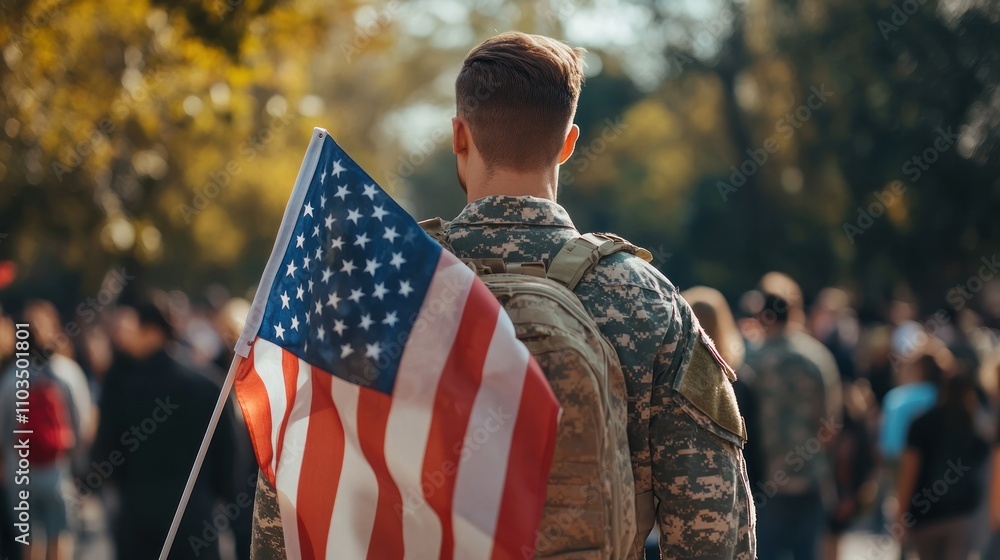A military veteran holding an American flag with pride at a Memorial Day event, the crowd in the background, celebratory yet respectful A military veteran holding an American flag with pride at a Memorial Day event, the crowd in the background, celebratory yet respectful