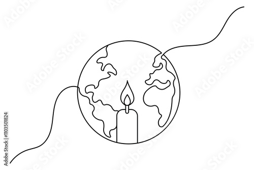Eco earth hour of world earth day continuous hand draw concept global map outline vector illustration