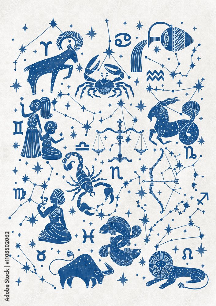 Fototapeta premium Folk poster of Zodiac signs, trendy Scandinavian astrological illustration of constellation. Aries, Leo, Gemini, Taurus, Scorpio, Aquarius, Pisces, Sagittarius, Libra, Virgo, Capricorn, Cancer. Blue.