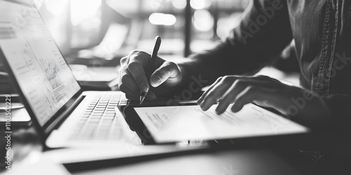 Person is writing on a laptop. The laptop is open and the person is using a pen to write on a piece of paper