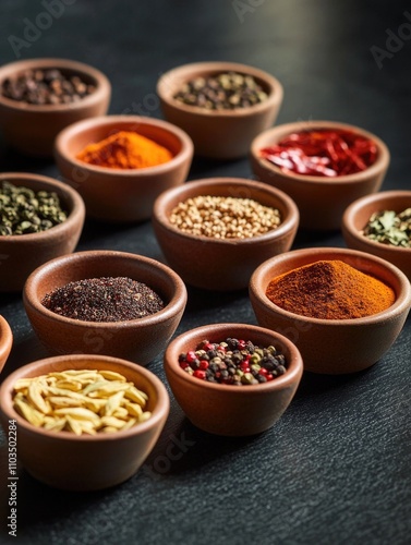 Collection of spices in small bowls on a counter. The spices include black pepper, cumin, and paprika