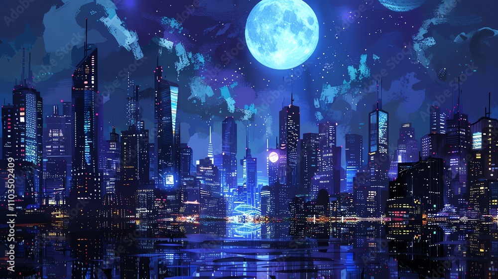 Fototapeta premium A futuristic cityscape at night with a bright blue moon and starry sky.