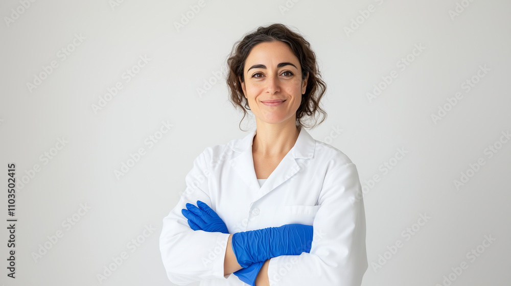 A portrait of a friendly cosmetologist or healthcare worker, dressed in a crisp white uniform and wearing bright blue gloves. Her relaxed posture and engaging smile highlight a wel A portrait of a friendly cosmetologist or healthcare worker, dressed in a crisp white uniform and wearing bright blue gloves. Her relaxed posture and engaging smile highlight a wel