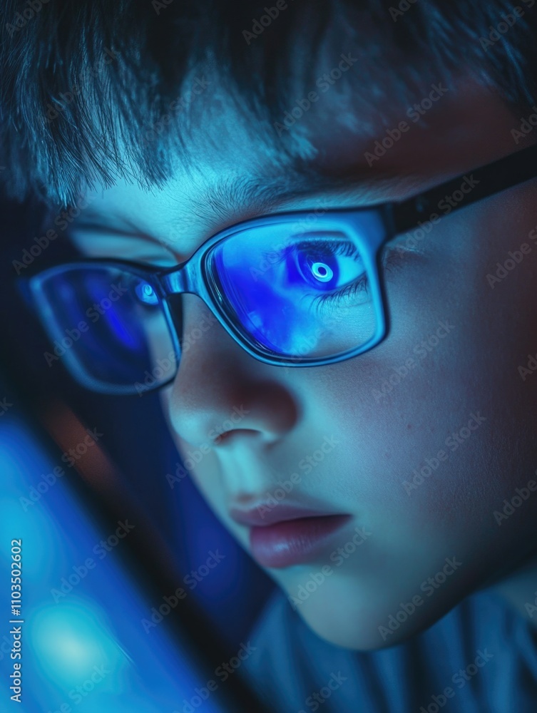 Young boy is looking at a screen with blue glasses on. The blue screen is illuminated and the boy's eyes are focused on it. Concept of curiosity and interest in the content on the screen Young boy is looking at a screen with blue glasses on. The blue screen is illuminated and the boy's eyes are focused on it. Concept of curiosity and interest in the content on the screen