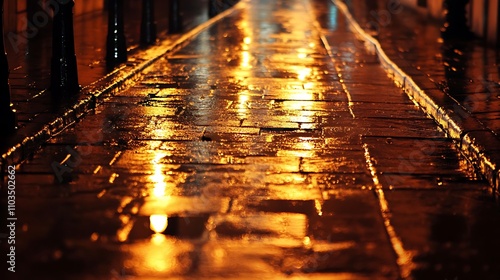 City lights reflecting on wet pavement after a light rain at night creating a dreamy atmosphere photo