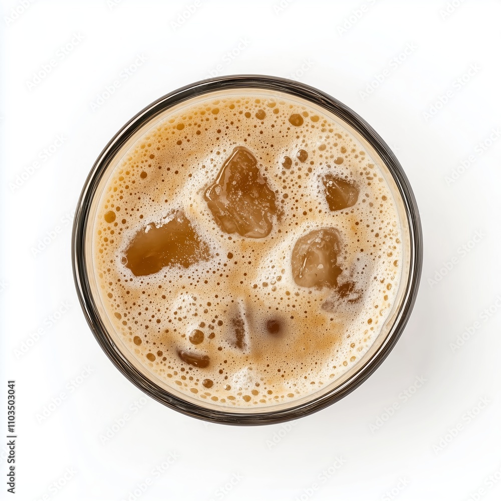 Chilled beverage with ice cubes and frothy foam served in a clear glass Chilled beverage with ice cubes and frothy foam served in a clear glass