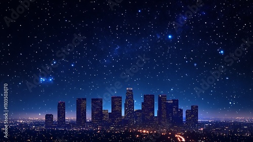 A modern urban skyline glowing with light under a clear starry night sky